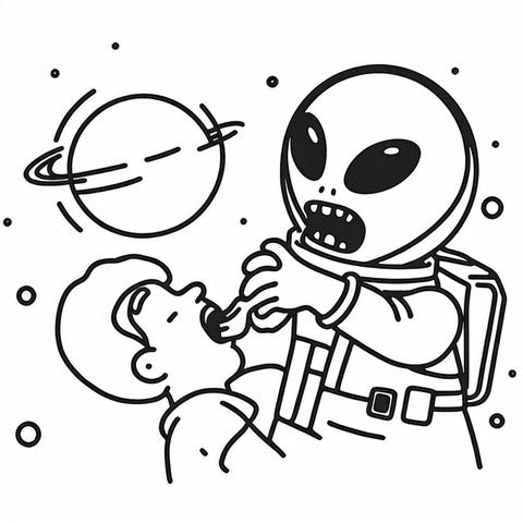 Schwartz/Weiss Bild eines Alien das einen Menschen mit einer Gabel füttert.