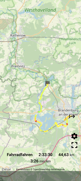 Ein Screenshot der Karte. Erkennbar ist relativ gesehen unten rechts Brandenburg an der Havel und oben links Rathenow.

Ich habe etwa 1/3 der Strecke zwischen Brandenburg an der Havel und Rathenow geschafft.

Wichtig ist dabei, dass ich nicht die kürzeste Strecke genommen habe.