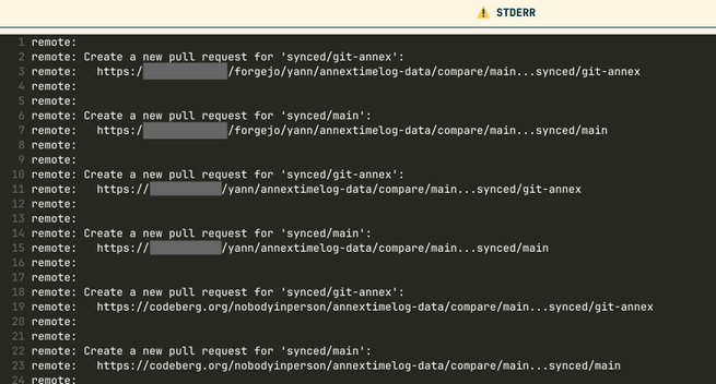 git push output with a lot of `remote: create new pull request for 'synced/git-annex'` etc. for each remote