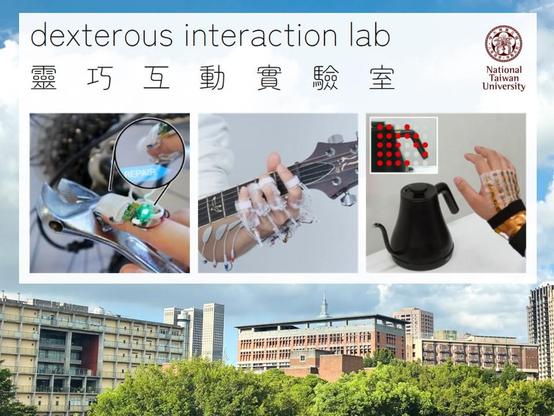 Dextrerous Interaction lab, with three projects shown. On the left is a tactile device that allows you to feel touch on the fingerpad and yet keeps the fingerpad free (I know, mindblowing!), the middle is a force feedback glove with muscle stimulation that helps you play guitar, and the last is a sensory substitution device that allows you to see by feeling. All co-authored by Prof. Teng.