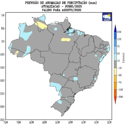 Previsão de anomalias de precipitação do modelo climático do Inmet, para agosto de 2025