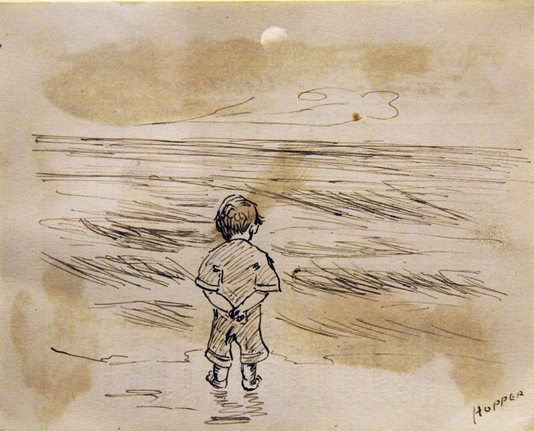 An American Modernist sketch, ink on paper. A little boy, evidently just past toddlerhood, stands on a beach, in a shirt and rolled-up long pants and barefoot, his back to us, his hands clasped behind him. He looks out at the sea, moving in waves. In the sky, the moon is partly obscured by a cloud.