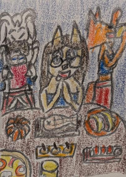 Color pencil drawing of Riley Norainu, an anthro dog woman, sitting down to a seafood feast. She has grilled fish, fish tacos, shrimp cocktail, takoyaki, nigiri sushi, a tropical fruit pizza, and a tropical fruit cocktail. Her daughter, Diane Foxington, ala The Bad Guys, enjoys a beer of her own. Asriel, from Undertale, and his wife Laika, an anthro dog woman, share a large roast. He lifts his wife as they both bite into the meat.