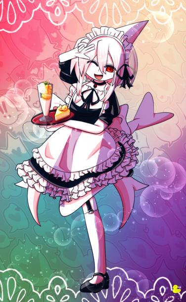 Syakesan striking a cute pose in a maid outfit as he serves a parfait and cake. Colorful background with lace edges and sparkly bubbles.