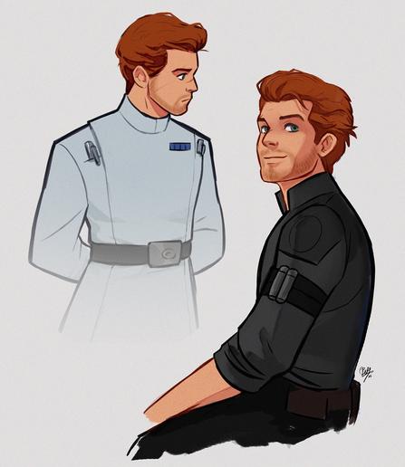 two drawings of cal kestis -- one looking a lil serious in an ISB uniform, the other one sitting casually with a smile in a black shirt and pants