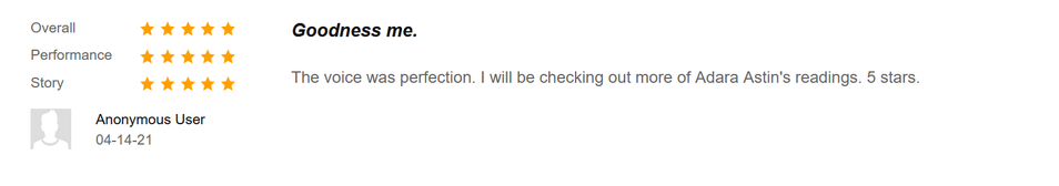 Text on the left: "Overall 5 stars. Performance 5 stars. Story 5 stars."

Title on the right: "Goodness me."

Text on the right: "The voice was perfection I will be checking out more of Adara Astin's readings. 5 stars."