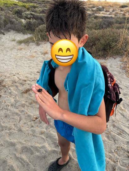 Child (face crudely covered with an emoji) in swimwear and towel, standing on a beach, holding up a large black beetle on the back of his hand.