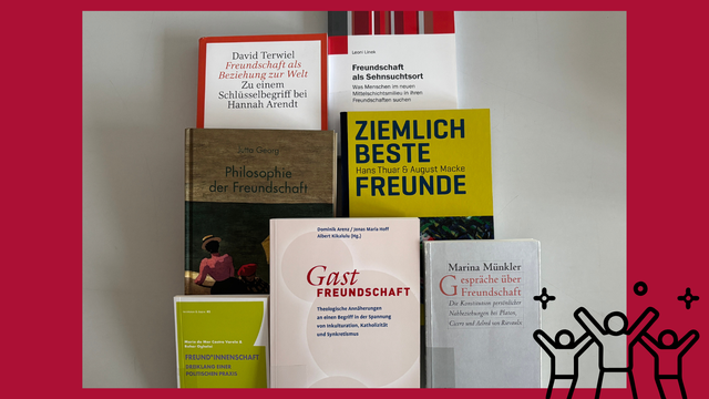 Zeigt ein Foto mit einer einer Auswahl von Publikationen zum Thema Freundschaft. Es handelt sich um 7 Titel der UB Osnabrück.