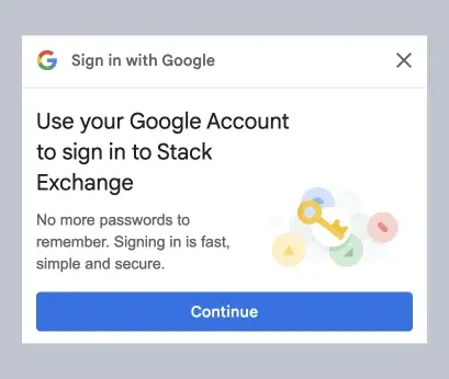 Screenshot of a pop-up window with the title “sign in with google” followed by other information and a button with the label “continue.”