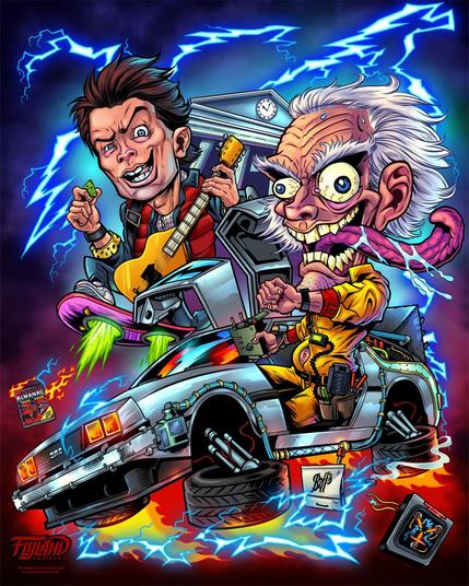 Cartoon-style illustration of two characters in a flying DeLorean car with lightning and comic book elements, referencing "Back to the Future".