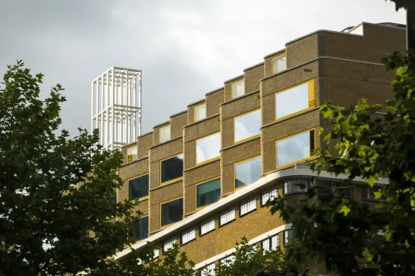 View of the newly redesigned and renovated top level of the Veemgebouw on Strijp-S, Eindhoven, NL. London-based Caruso St John Architects won the bid with their peculiarly oriented brick facades for the apartments. A true diamond in the mud!