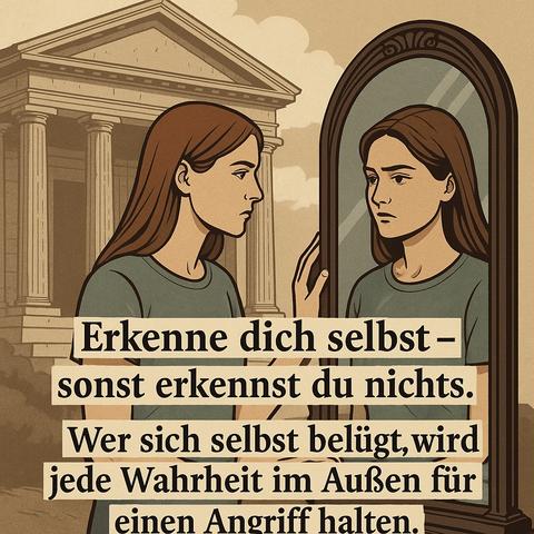 Bildbeschreibung (Deutsch):
Eine junge Frau mit kastanienbraunem Haar steht nachdenklich vor einem antiken Spiegel, der vor einem griechischen Tempel mit dorischen Säulen aufgestellt ist - Symbol des Orakels von Delphi. Sie blickt sich selbst direkt in die Augen, ihr Gesicht ernst und konzentriert. Das Farbschema des Bildes ist in warmen Erdtönen gehalten, die eine Verbindung zur Weisheit und Zeitlosigkeit der antiken Welt schaffen. Der Spruch „Erkenne dich selbst - sonst erkennst du nichts. Wer sich selbst belugt, wird jede Wahrheit im Außen für einen Angriff halten." steht typografisch klar und auffordernd im Zentrum. Das Bild ruft zur inneren Selbstreflexion auf und verbindet antike Philosophie mit moderner Selbsterkenntnis.
Image Description (English):
A young woman with chestnut-brown hair stands pensively in front of an ancient mirror, placed before a Greco-Roman temple with Doric columns - symbolizing the Oracle of Delphi. She looks herself straight in the eyes, her expression serious and introspective. The color palette uses warm earth tones, evoking timelessness and ancient wisdom.
The central quote reads: "Know yourself - or you will recognize nothing. Those who lie to themselves will take every truth from outside as an attack." The image is🖖