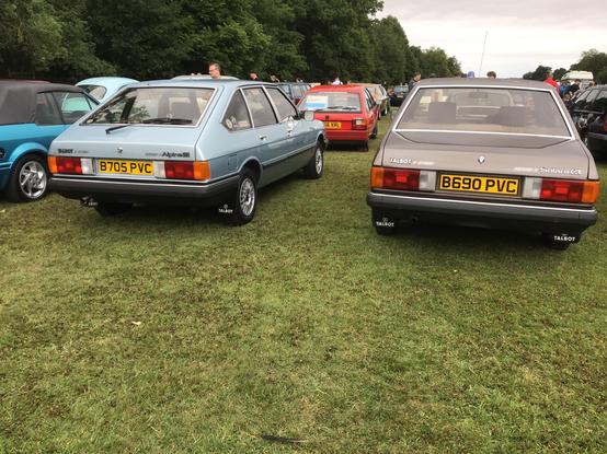 Blue Talbot Alpine and brown Talbot Solara, rear view