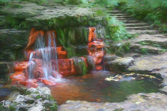 A small waterfall and pond for which the town of Yellow Springs, Ohio got its name is nestled in the forest surrounding the town. Digital Painting effect applied.