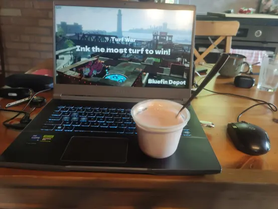 MSI gaming laptop on a messy table, playing Splatoon 1. On the right of the laptop on a messy table, a plastic cup of youghurt with a spoon In it. To the right of the laptop, a shitty HP mouse.