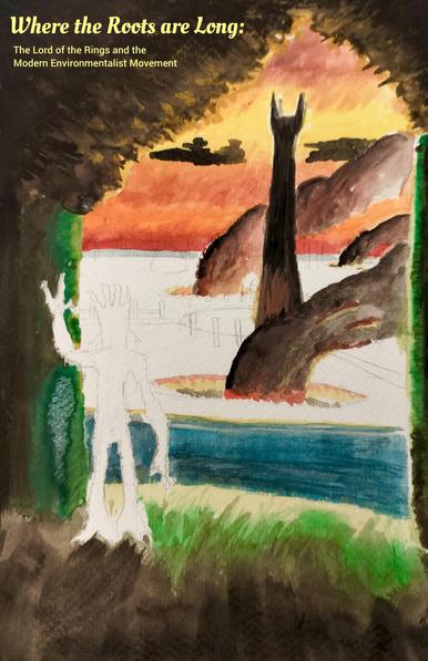 A half finished water color involving a black tower and a tree