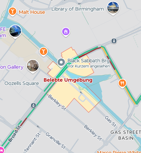 google maps annotates the area around black sabbath bridge as "belebte umgebung" (busy area)