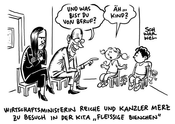 Reiche und Merz sitzen auf Kinderstühlen zwei Kindern - ebenfalls auf Kinderstühlen - gegenüber. Reiche guckt mit verschränkten Armen extrem missmutig und Merz fragt eins der Kinder anbiedernd: „UND WAS BIST DU VON BERUF?
Das Kind verwundert: „Äh … KIND?“
Unterzeile: „WIRTSCHAFTSMINISTERIN REICHE UND KANZLER MERZ ZU BESUCH IN DER KITA „FLEISSIGE BIENCHEN““
(Credit: SCHWARWEL)