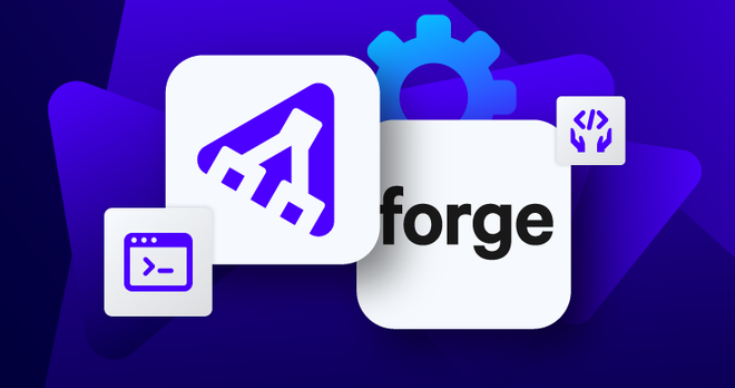 Two prominent logos for 'Puppet' and 'forge' are displayed in white boxes over top a background with a purple design of triangles with rounded corners (in the style of the Perforce 2025 rebrand).