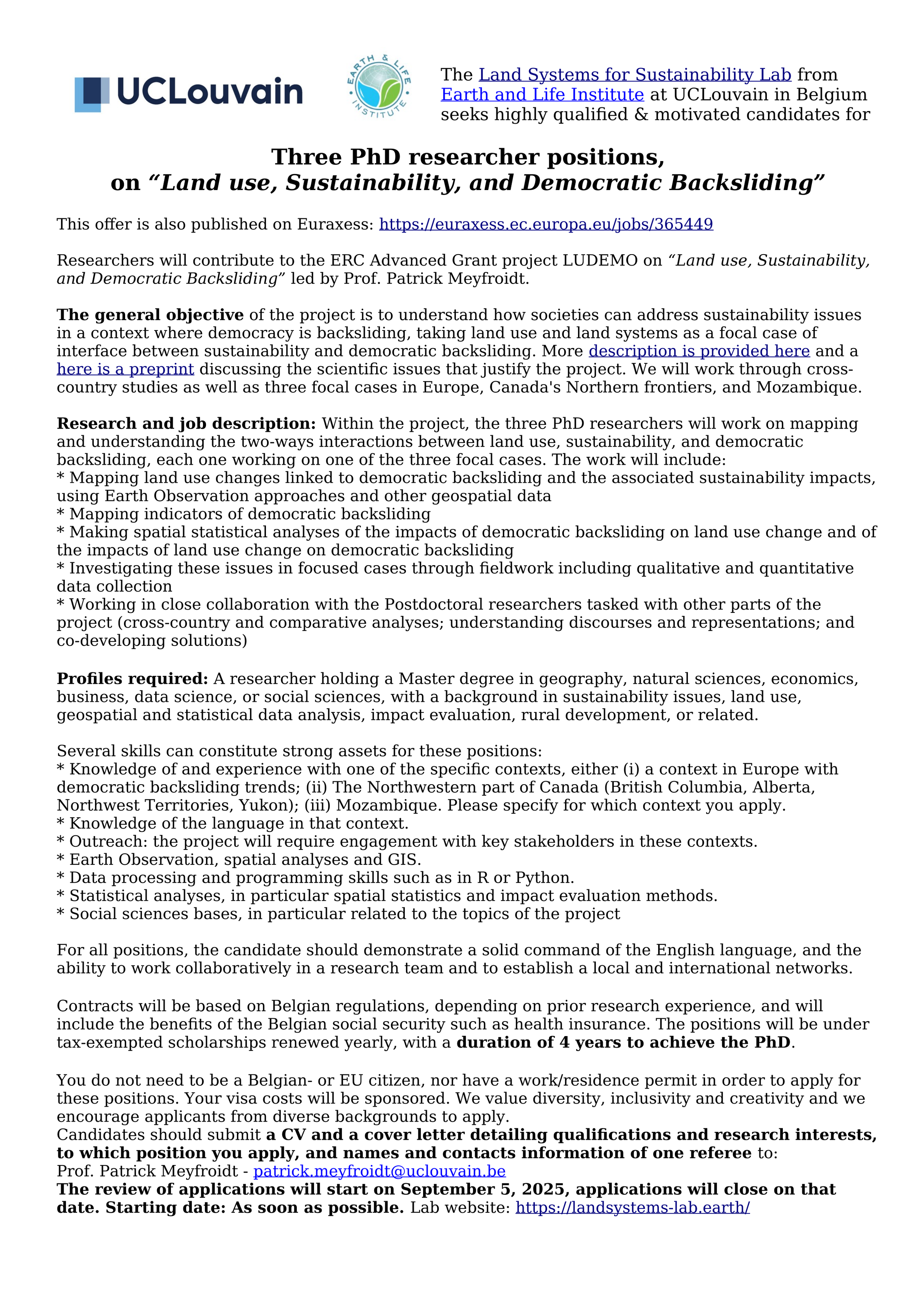 Advertisement for PhD positions, text available at: https://landsystems-lab.earth/news/25-07-30-ludemo-phd/