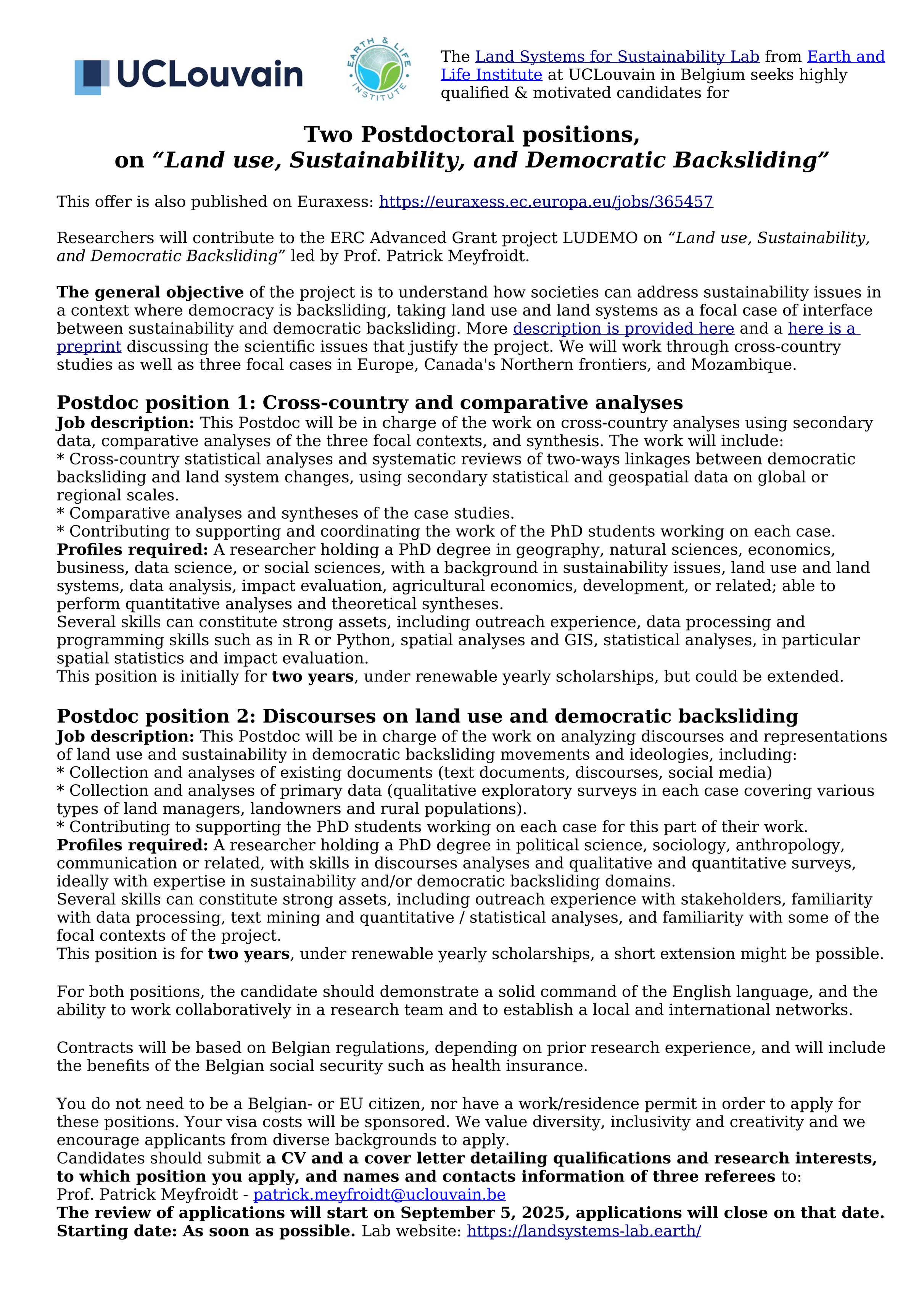 Advertisement for Postdoc positions, text available at: https://landsystems-lab.earth/news/25-07-30-ludemo-postdoc/
