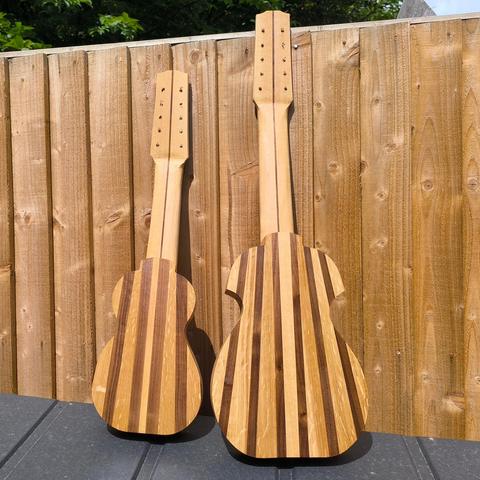 A charango and a ronroco under construction, back view