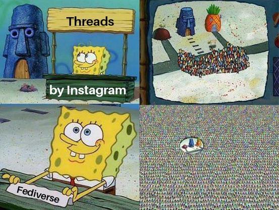 SpongeBob meme showing Threads vs Fediverse crowd