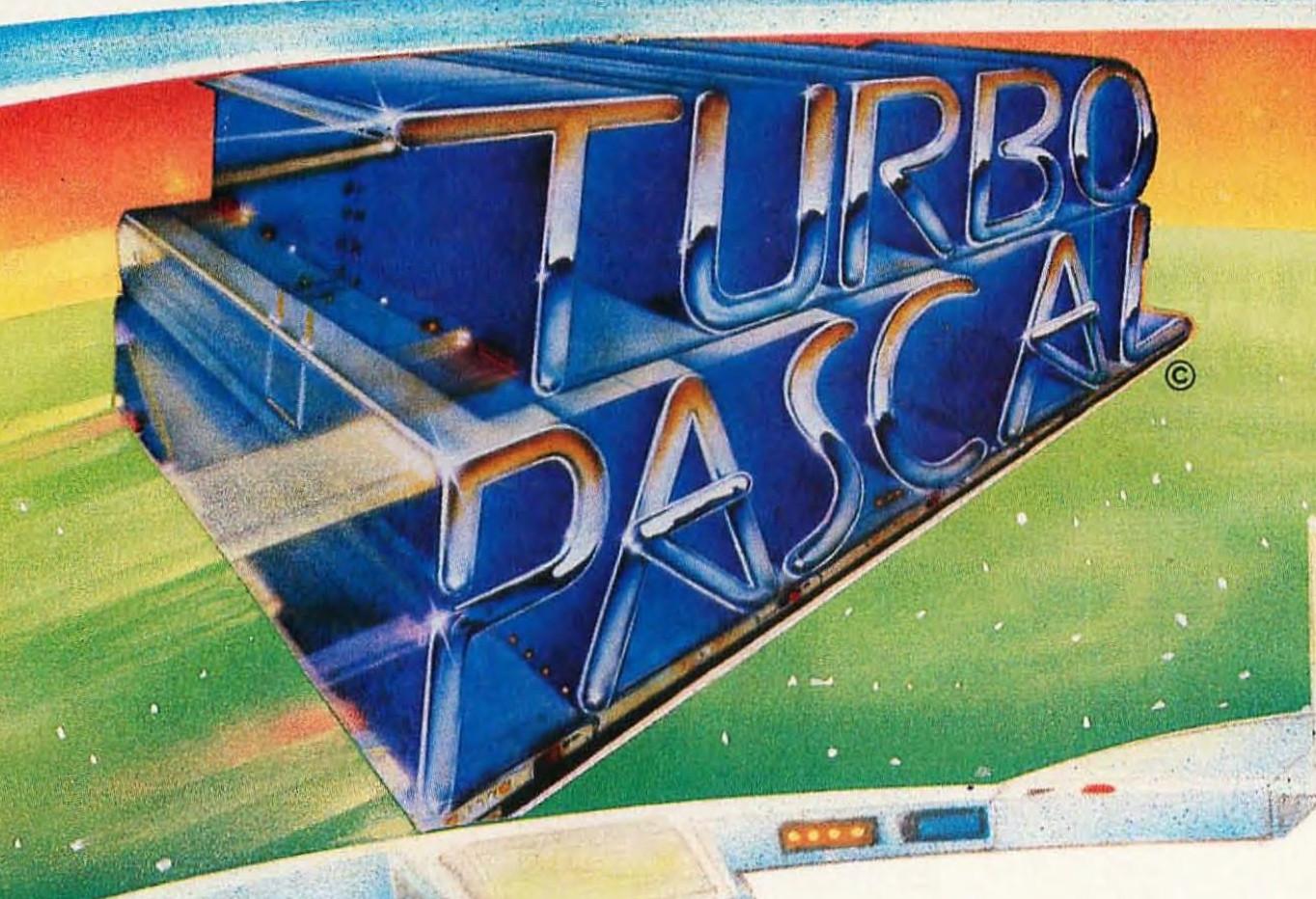 Extremely rad Turbo Pascal logo from the mid-1980s, it's sort of what-if WordArt was done manually with airbrush 3D effect metal lettering on a rainbow