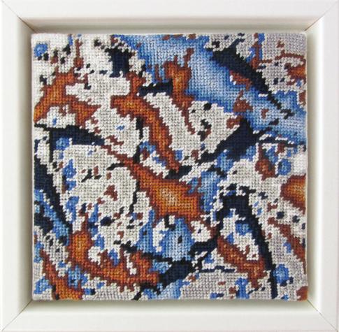 "Brise" Gobelin Stickerei, 15x15 cm, Baumwolle, ca. 6560 Stiche. Das Werk ist ein kleines gesticktes Bild, welches aus Farbflächen zusammensetzt. Die Verläufe sind aus ca. fünf Garn-Farbschattierungen gestickt.