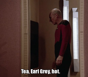 Image of Capt Jean-Luc Picard of the Enterprise, ordering Tea, Earl Grey, hot.
