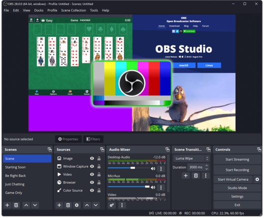 🕶️ A view of its UI with on the central part the obtained display (the window of a card game superimposed on the page of the OBS studio site with an image extracted from the film Big Buck Bunny), on the upper part the menu (File, Edit, ...), and on the lower part several blocks of parameters (Scenes, Sources, Audio Mixer, Scene Transition, Controls) with for each one of them the available parameters.

📚️ OBS Studio is a libre and multi-platform software for live streaming and screen recording. It has a system of plugins, and supports an unlimited number of scenes and sources, live streaming, different recording formats, GPU-based game capture, DirectShow capture device support (webcams , capture cards, ...), resampling, and tons of other features.
