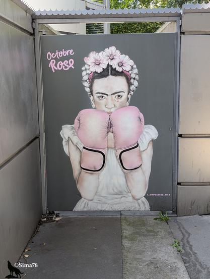 🇫🇷 Fresque dans le style de Frida Kahlo avec des gants de boxe roses et des fleurs dans les cheveux.
🇬🇧 Mural in the style of Frida Kahlo featuring pink boxing gloves and flowers in the hair.
🇪🇸 Mural al estilo de Frida Kahlo con guantes de boxeo rosas y flores en el cabello.