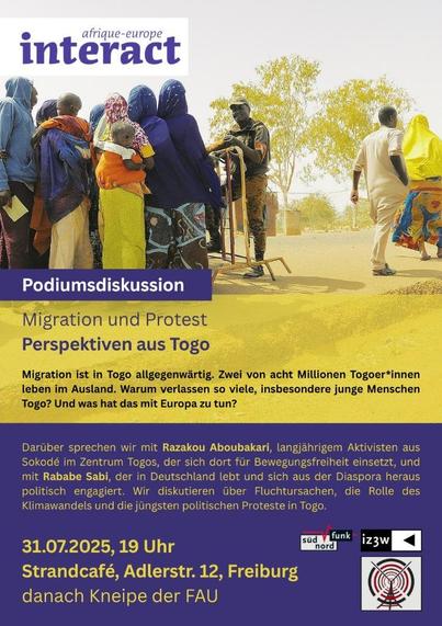 Einladungsplakat mit einem Bild an einer afrikanischen Landesgrenze mit einigen Menschen die vor eine Absperrung stehen.
Do 31.07.25 um 19:00 Uhr - 20:30 #freiburg #grether #Strandcafe
Afrique-Europe-Interact Kooperation mit #OurVoice, Süd-Nord-Funk und #iz3w. #Migration u #Protest – #Perspektiven aus #Togo 
#Podiumsdiskussion mit Razakou Aboubakari und Rababe Sabi
#Kneipe 
@fau_freiburg 
 beginnt ab 21 Uhr