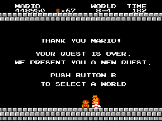 The original end screen from Super Mario Bros. on NES, taken from my R36S retro console.