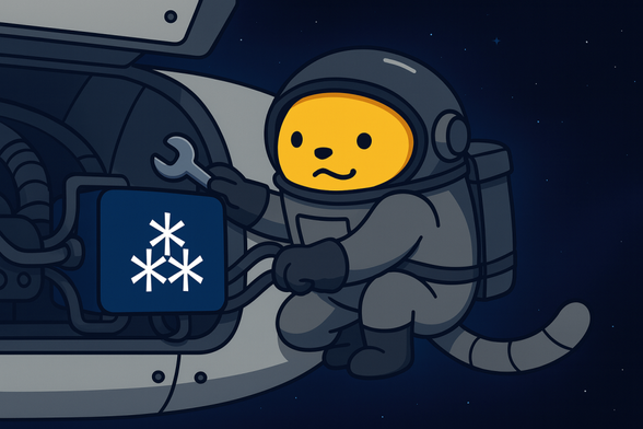 A Wapuu in a spacesuit, equipped with a tool, repairing a spaceship engine.