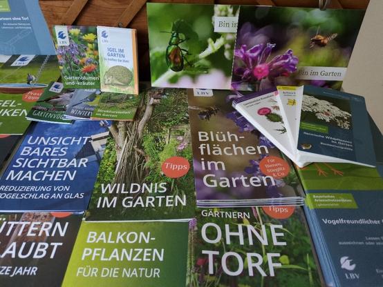 Das Bild zeigt eine Sammlung von Büchern und Broschüren, die sich mit Gartenarbeit und der Förderung der Natur im Garten befassen. Die Bücher sind in deutscher Sprache und haben verschiedene Titel, die auf Themen wie "Wildnis im Garten", "Blühflächen im Garten", "Gärtnern ohne Torf" und "Balkonpflanzen für die Natur" hinweisen. Die Buchdeckel zeigen Bilder von Pflanzen, Insekten und Vögeln, was die Naturthemen unterstreicht. Einige der Bücher haben das Logo der LBV (Landesbund für Vogelschutz) auf dem Cover, was darauf hinweist, dass sie von einer ökologischen Organisation herausgegeben wurden. Die Bücher sind auf einem Holztisch arrangiert, was eine natürliche und umweltfreundliche Atmosphäre vermittelt.