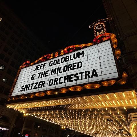 A marquee sign lit in warm orange bulbs. In the standard black on white lettering, it reads “Jeff Goldblum & The Mildred Snitzer Orchestra”.