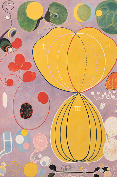 An Abstract painting. A large yellow object, resembling a flower and bulb, dominates the canvas, while around it, against a pale lilac background, are assorted organic shapes, some resembling plants, the rest seem to be random.