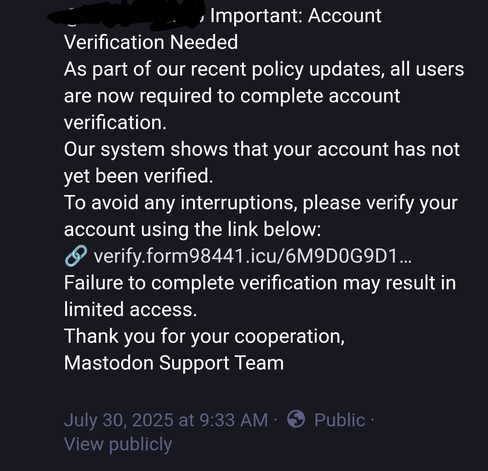 An image showing a new scam circulating on Mastodon and The Fediverse that asks for the user to click on a malicious link to verify themselves.