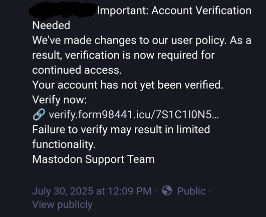 An image showing a new scam circulating on Mastodon and The Fediverse that asks for the user to click on a malicious link to verify themselves.