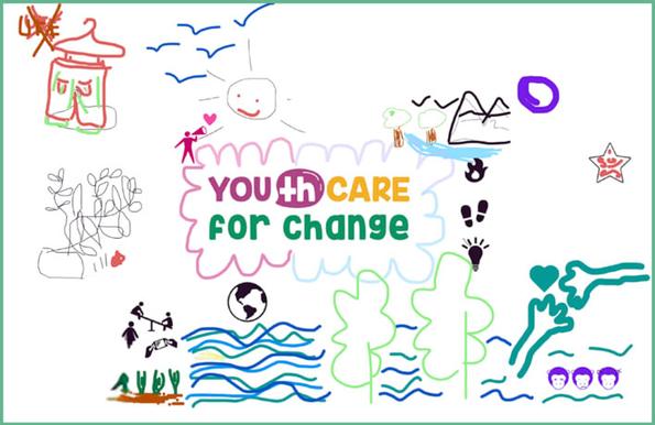 en torno al logotipo del proyecto YouthCare hay una serie de dibujos toscos que representan elementos de la naturaleza, dos brazos que se juntan en torno a un corazón, ropa, el mar, montañas, el planeta...