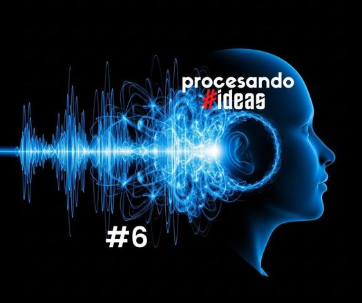 La imagen muestra una silueta azul brillante de una cabeza humana de perfil, mirando hacia la derecha, sobre un fondo negro sólido. A la izquierda, una onda sonora o cerebral de color azul intenso se extiende horizontalmente, conectándose con la cabeza a la altura del oído. Desde el área del oído y el cerebro, emana una intensa luz azul de la que se irradian líneas y filamentos luminosos, que simulan conexiones neuronales o el flujo de ideas. Un halo circular de luz azul rodea el oído. En la parte superior derecha, el texto "procesando #ideas" aparece en blanco, con el símbolo de almohadilla y la palabra "ideas" en rojo. En la esquina inferior izquierda, el número "6" con un símbolo de almohadilla (#6) se muestra en blanco. La imagen transmite la idea de procesamiento mental, comunicación o la generación de ideas.