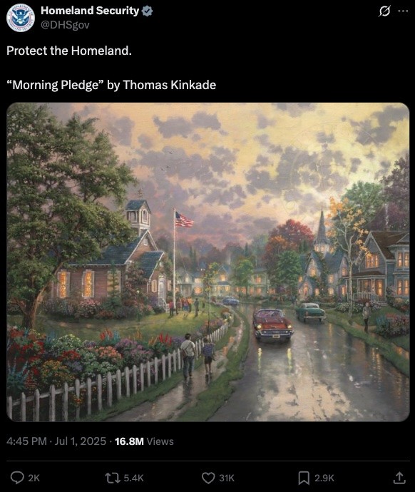 Thomas Kincade painting of an unreal small town scene