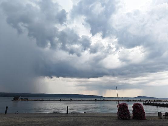 Picture of a rain clouds above a lake. In the horizon you can clearly see how on the left, middle and right it is raining heavily. In the foreground is the shore and on the right side of it there is two big flower arrangements.
