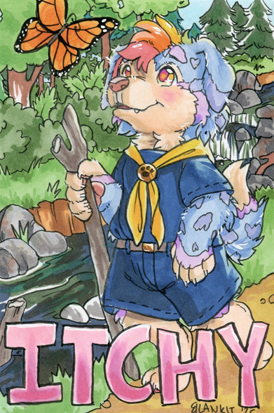 Marker art of an anthro puppy hiking, looking at a butterfly