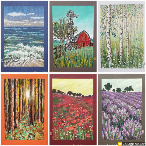 A photo collage of some of my landscape artwork:
A seascape with lapping waves, a farm with a red barn and windmill, a birch tree woodland, a lush forest, a poppy field landscape and lavender fields.