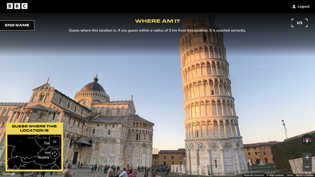 Picture of the Leaning Tower of Pisa and a small inset map which players must use to pinpoint the tower's location.