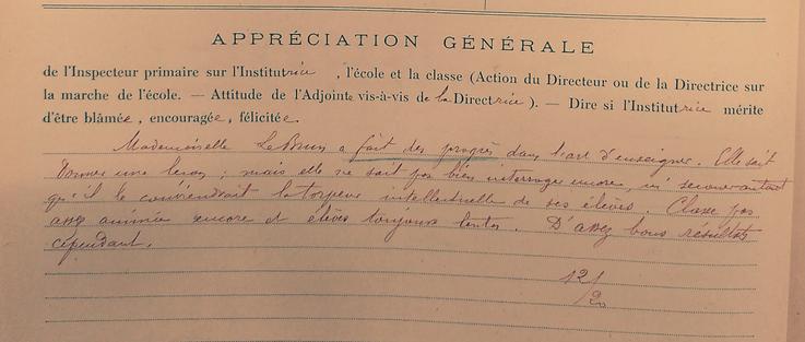Extrait de l'appréciation générale d'une institutrice inspectée en 1907