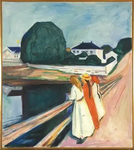 Three women in long dresses stand or lean on the railing of a wooden bridge, their backs turned to the viewer. The scene is quiet and contemplative, set in a Norwegian summer landscape with trees, water, and houses in the distance. The brushstrokes are expressive, and the colors are rich and warm — evoking a sense of calm, nostalgia, and introspection.