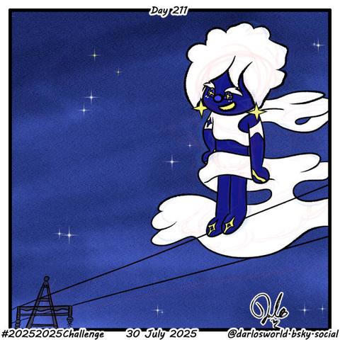 Drawing of Lord Nyudo (入道殿) standing on electrical cables between pylons in the night sky.